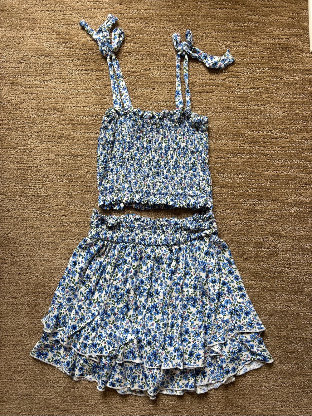 Blue Floral Two-Piece Smocked Crop Top & Ruffle Skirt Set